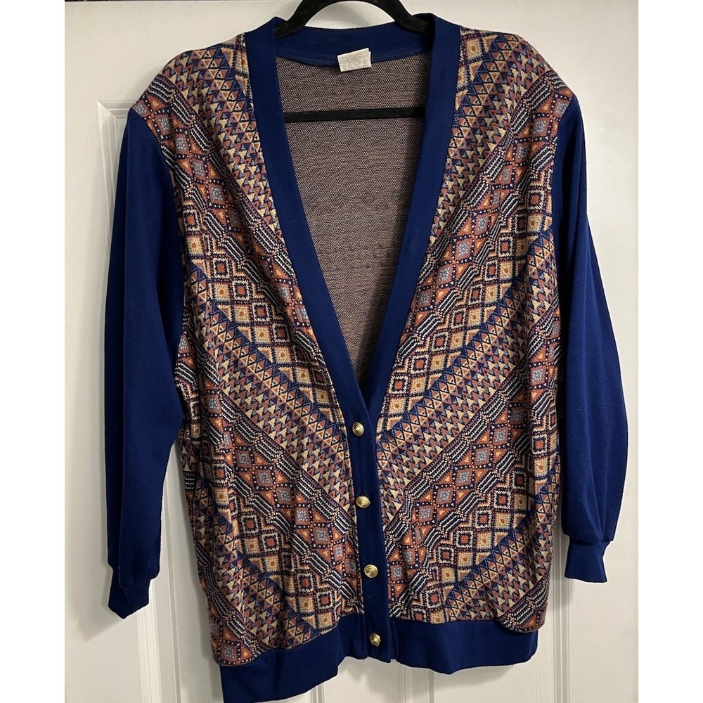 Vtg GRAFF‎ Californiawear Cardigan Sz 14 Gold Buttons Geometric 70s 80s Pockets